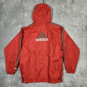Vtg ADIDAS Mens Large Full Zip Hooded Windbreaker Jacket Red Spell Out Y2K